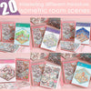 A collection of 20 miniature isometric room scenes in sticker book format featuring various house designs.