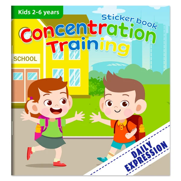 A children's sticker book for concentration training featuring two happy toddlers playing outdoors.
