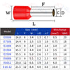Diagram showing various insulated tubular crimp terminals with dimensions and wire ranges.