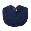 Navy blue ruffled muslin cotton baby bib with an adjustable snap closure