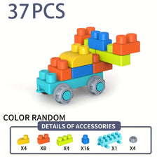 A set of 37 random colored soft rubber building blocks stacked in a vehicle shape with various accessories.
