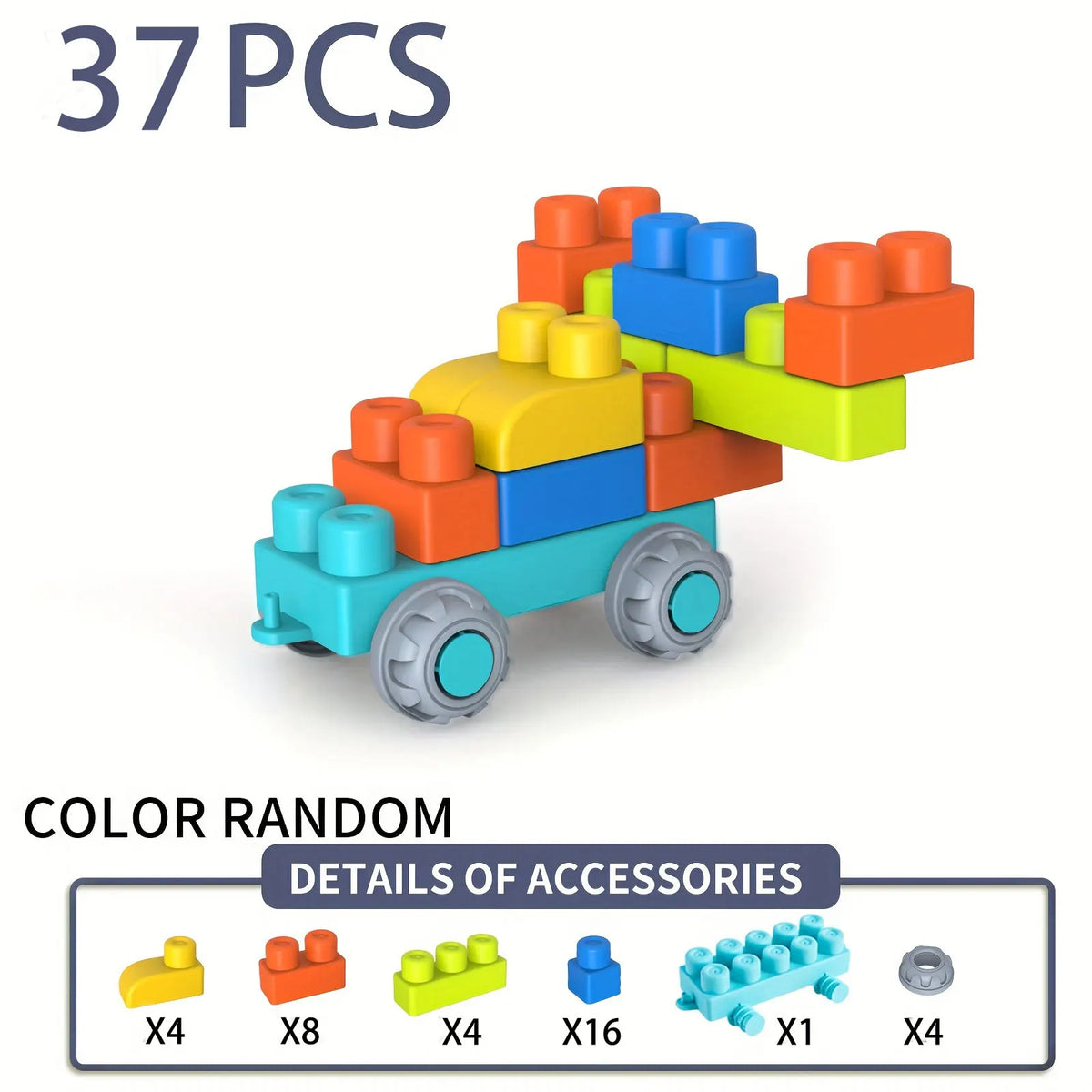 A set of 37 random colored soft rubber building blocks stacked in a vehicle shape with various accessories.