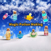 Collection de potions liquides colorées en bouteilles de verre sur fond bleu scintillant et enneigé pour la potion magique Ma