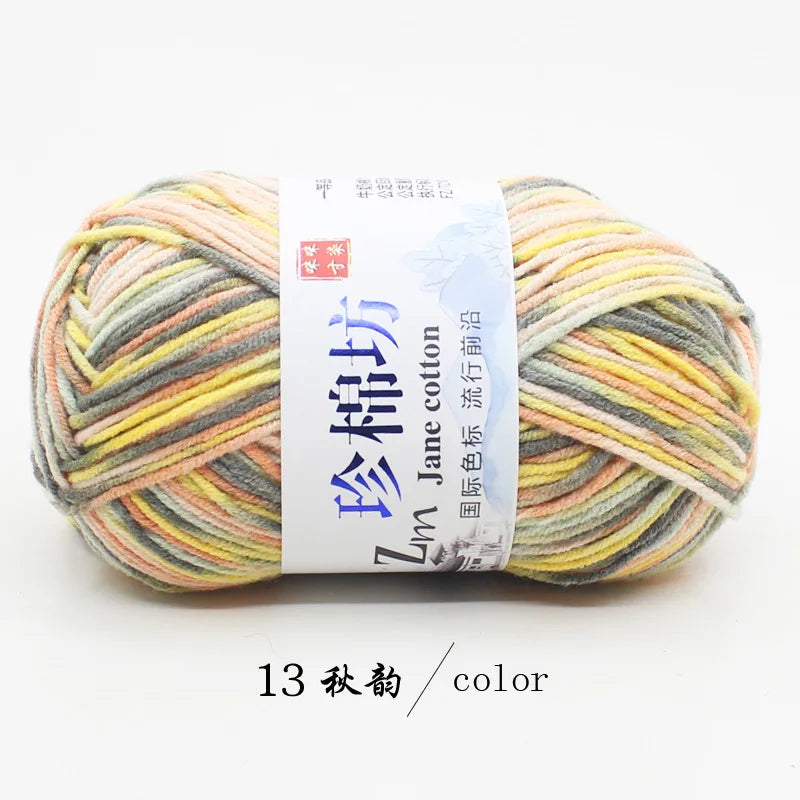 A ball of multi-colored yarn labeled as Zm Jane cotton yarn in 13 autumn colors.