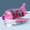 A pink and white toy airplane with transparent cockpit features and wheels is shown against a gray background.