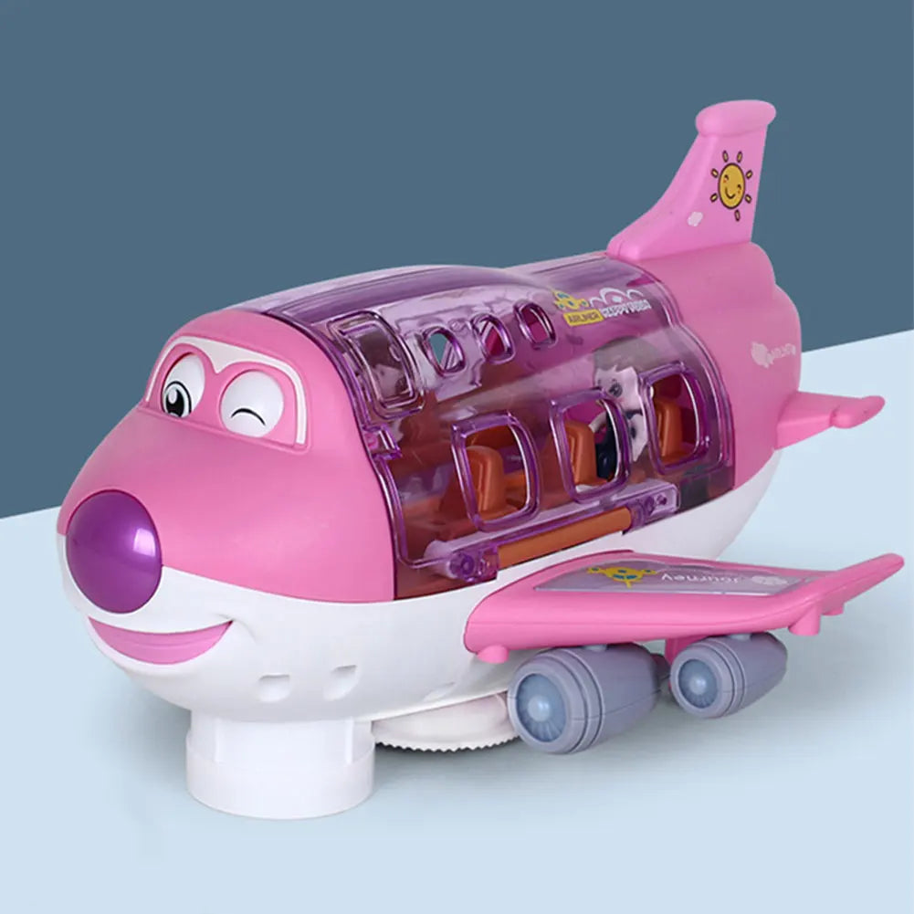 A pink and white toy airplane with transparent cockpit features and wheels is shown against a gray background.