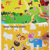 A sheet of reusable vehicle stickers featuring various animals and shapes for toddlers
