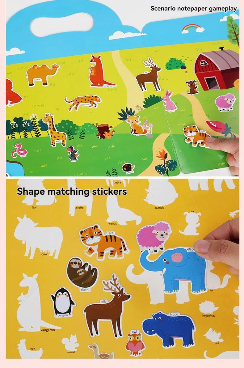 A sheet of reusable vehicle stickers featuring various animals and shapes for toddlers