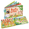 A stack of colorful busy book cards featuring various fruits and vegetables for toddlers.