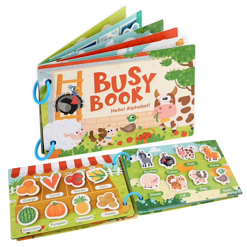 A stack of colorful busy book cards featuring various fruits and vegetables for toddlers.