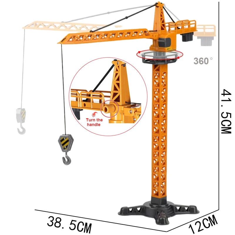 An orange diecast construction crane model toy set with a long boom and lifting hook.