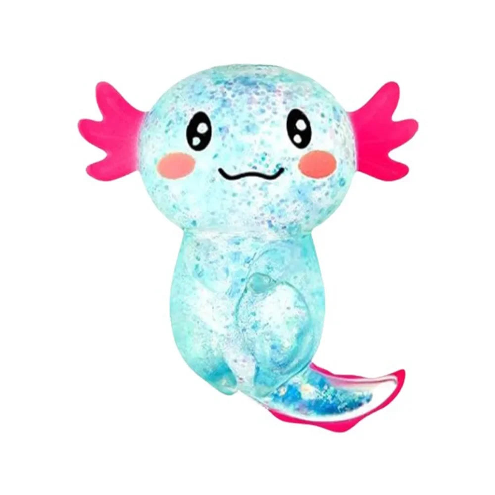 A cute, light blue squishy axolotl stress relief fidget toy with pink gills.
