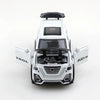 A white 1:36 scale die-cast metal SUV toy with opening doors and pull-back action.