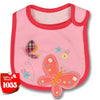 Pink baby feeding bib with a butterfly design and waterproof backing for infants and toddlers