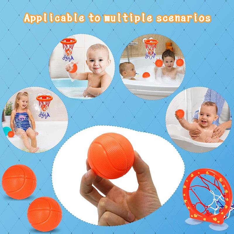 An orange bath time basketball hoop set with three balls is shown in various scenarios including a bathtub and a baby.