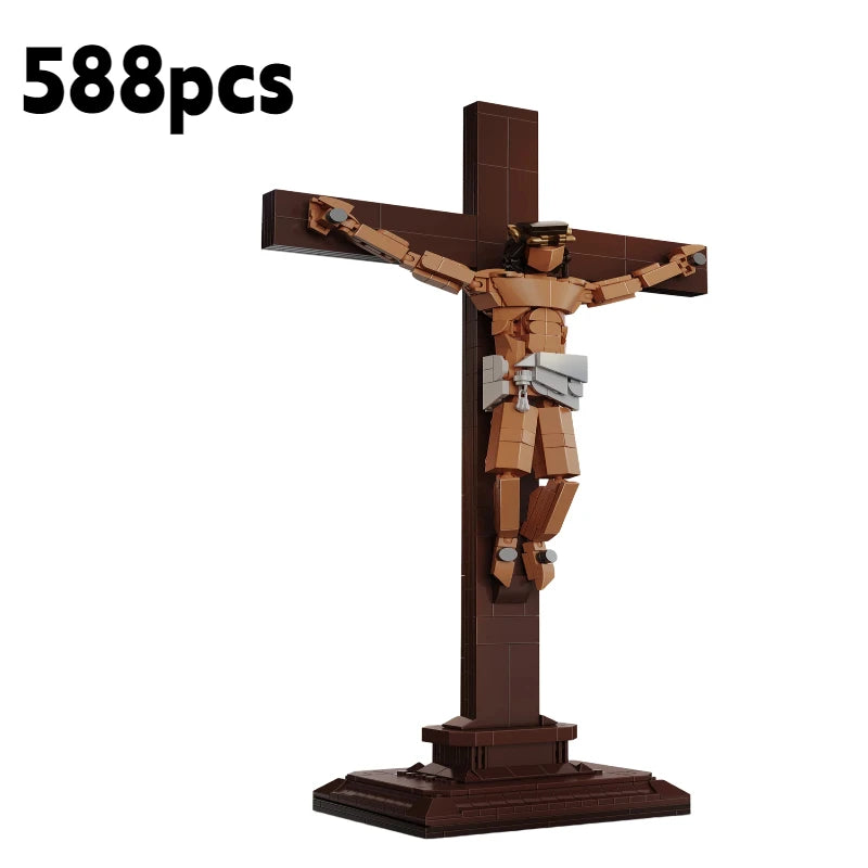 A brown precision building block ornament depicting a crucifix with a figure of Jesus.