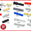A collection of various black, yellow, and red plastic liftarm beams and building blocks in different lengths and shapes.