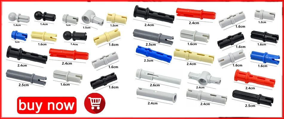 A collection of various black, yellow, and red plastic liftarm beams and building blocks in different lengths and shapes.