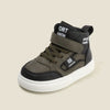 A pair of dark olive green and black high-top sneakers with textured fabric and white soles.