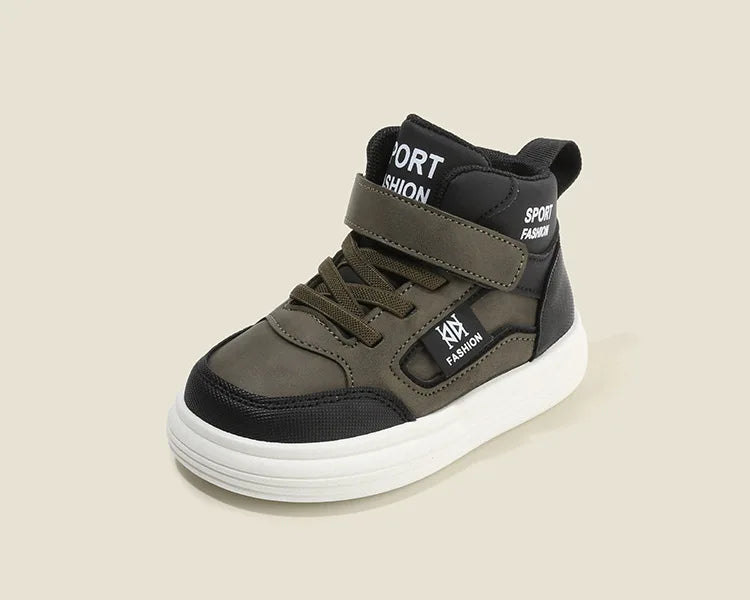 A pair of dark olive green and black high-top sneakers with textured fabric and white soles.