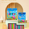 A set of washable non-toxic crayons with ergonomic triangular grips displayed in colorful packaging and open boxes.