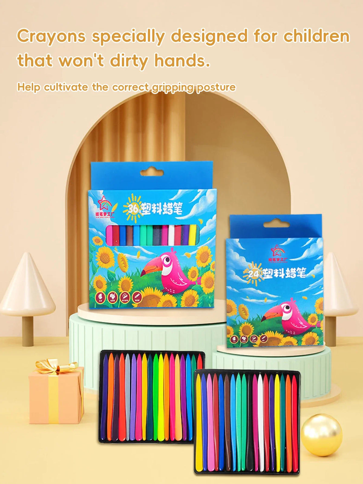 A set of washable non-toxic crayons with ergonomic triangular grips displayed in colorful packaging and open boxes.