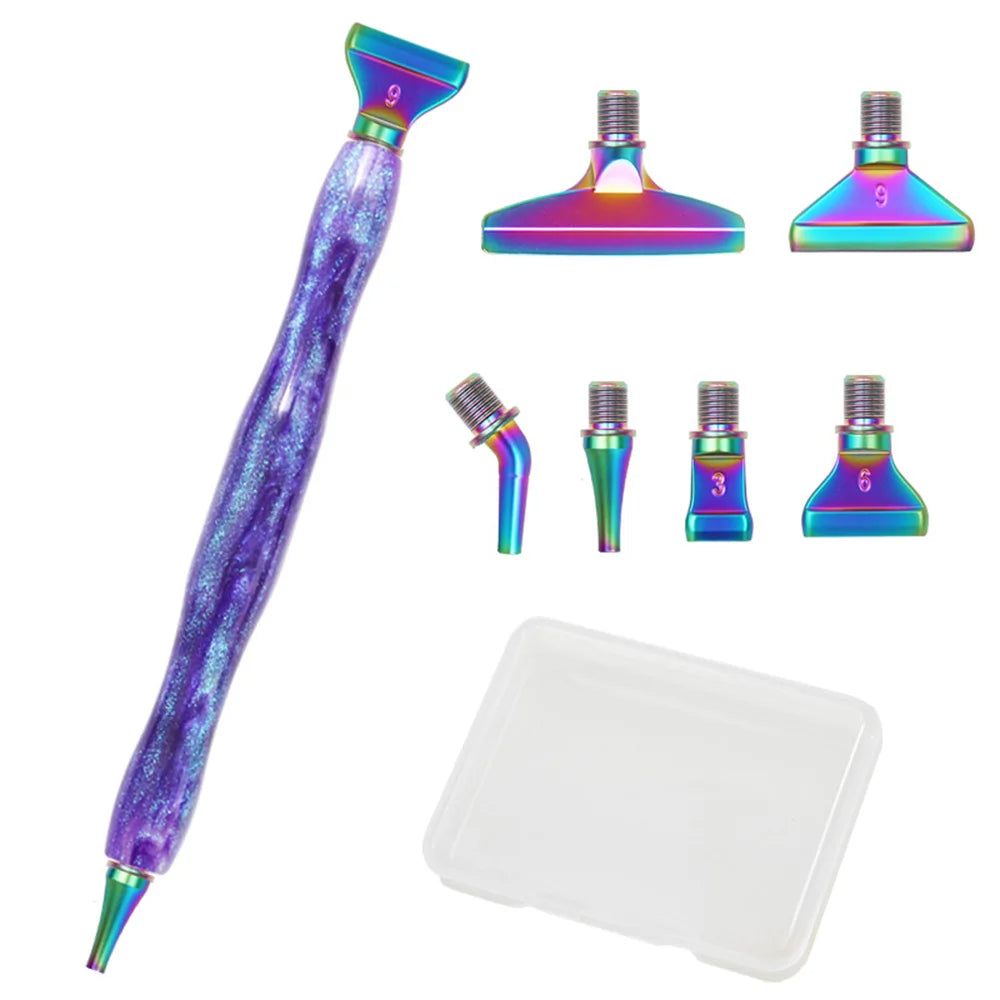 A set of diamond painting pens with interchangeable metal tips and multi-placers, featuring purple and iridescent colors.