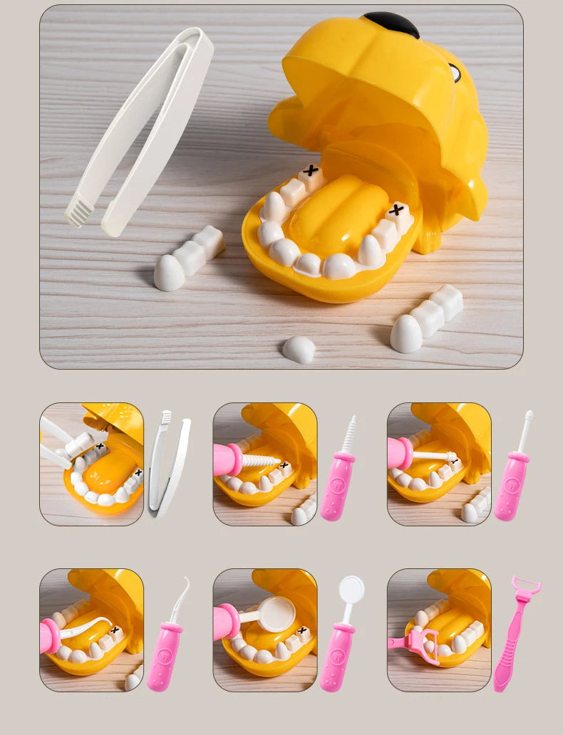 A yellow kids doctor play set featuring a mouth model and various plastic medical accessories like toothbrushes and syringes.