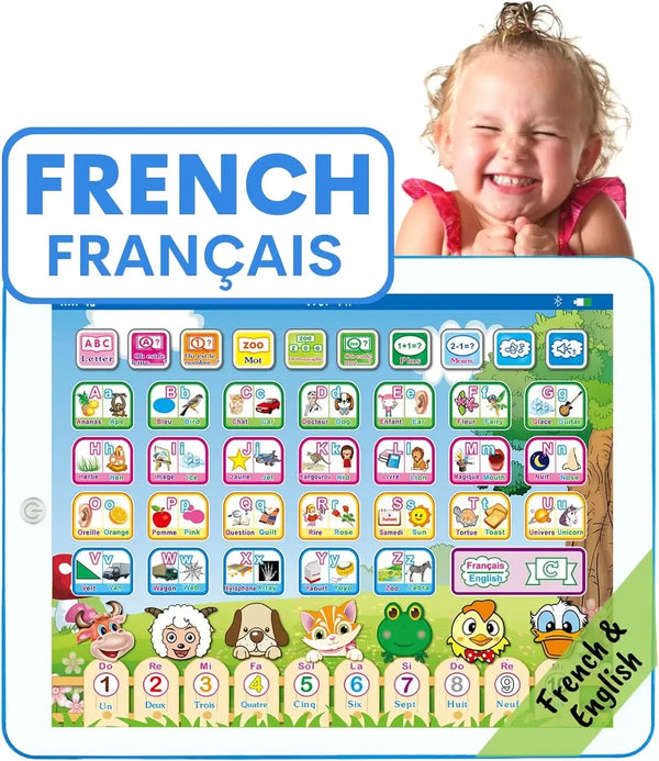Interactive bilingual learning tablet showing French and English alphabet letters and numbers for children