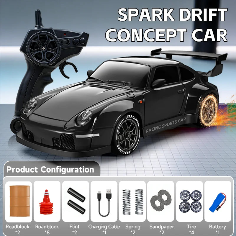 A black Spark Drift concept car model with a remote control and various accessories for configuration.