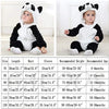 A black and white animal hooded romper for a baby, shown in various sizes.