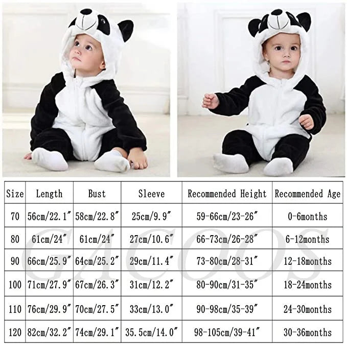 A black and white animal hooded romper for a baby, shown in various sizes.