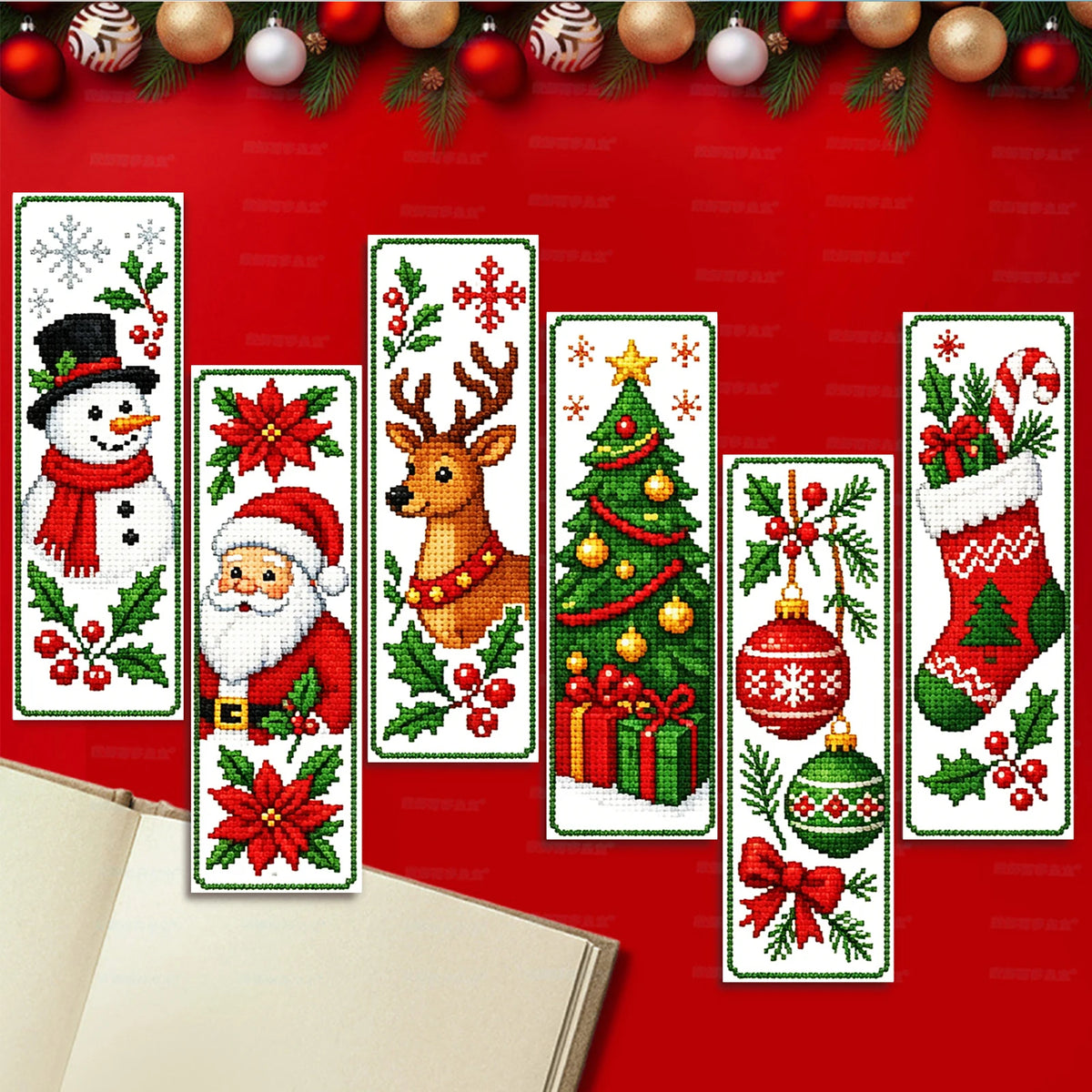 A set of six cross-stitch designs featuring Christmas and winter themes for a DIY bookmark craft kit.
