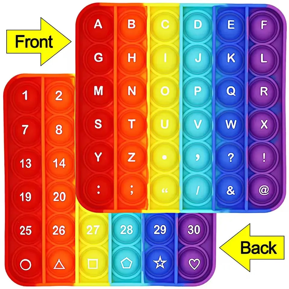 Jouet anti-stress coloré 2-en-1 avec des tuiles à pousser de lettres et de chiffres en grille.