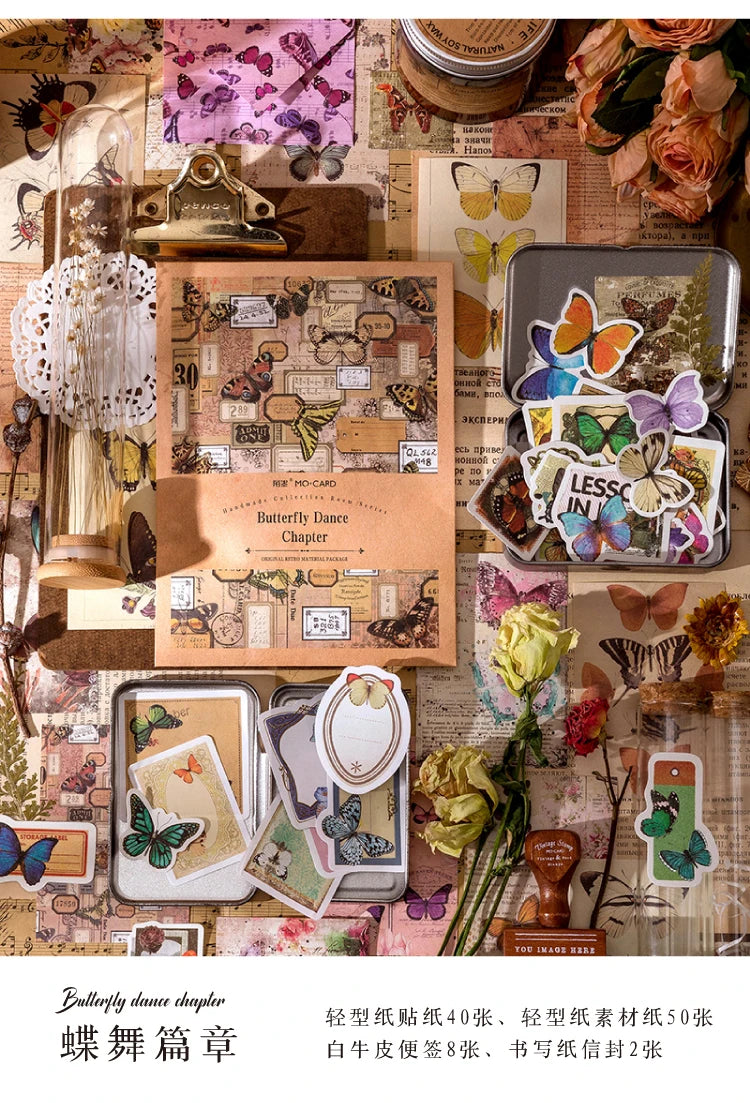 A collection of vintage stickers and paper crafting materials featuring butterflies, floral elements, and sepia tones.