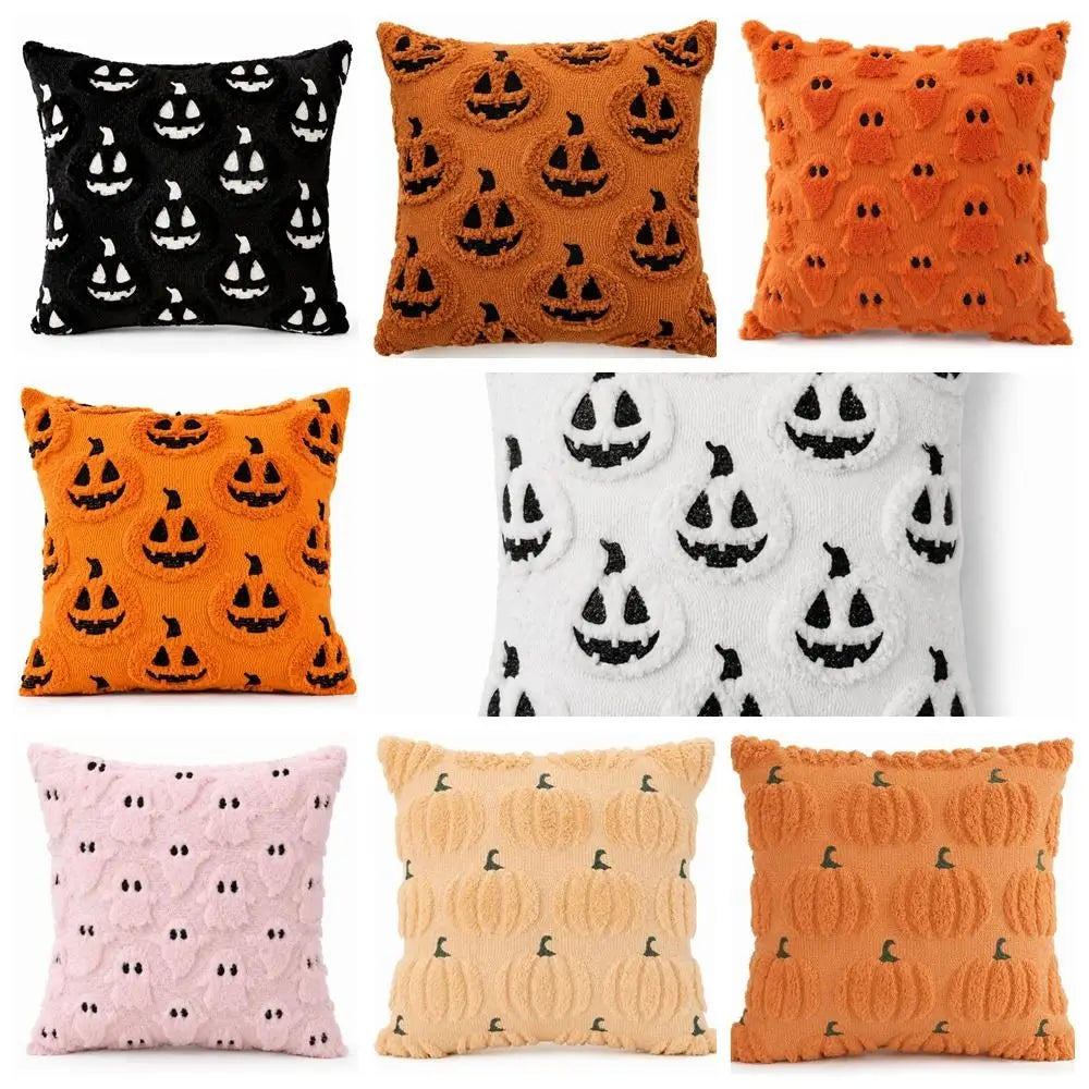 A set of colorful decorative cushion covers featuring Halloween pumpkin and ghost patterns.