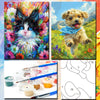 A paint by numbers kit showing a finished landscape painting and a set of acrylic paints and brushes.