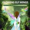 A child wearing a white dress with glowing fairy wings in shades of green and blue, set against a lush, vibrant forest backgr
