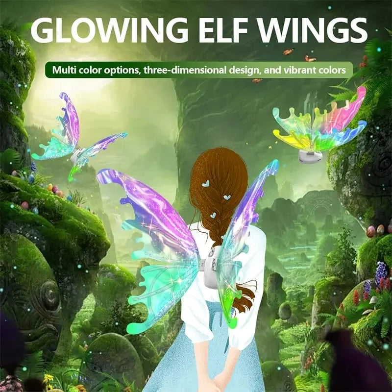 A child wearing a white dress with glowing fairy wings in shades of green and blue, set against a lush, vibrant forest backgr
