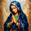 A painting of the Virgin Mary with a halo, wearing a blue mantle and green garment.