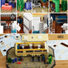 A building block set depicting a yellow RV camper bus with various accessories and landscaping elements.