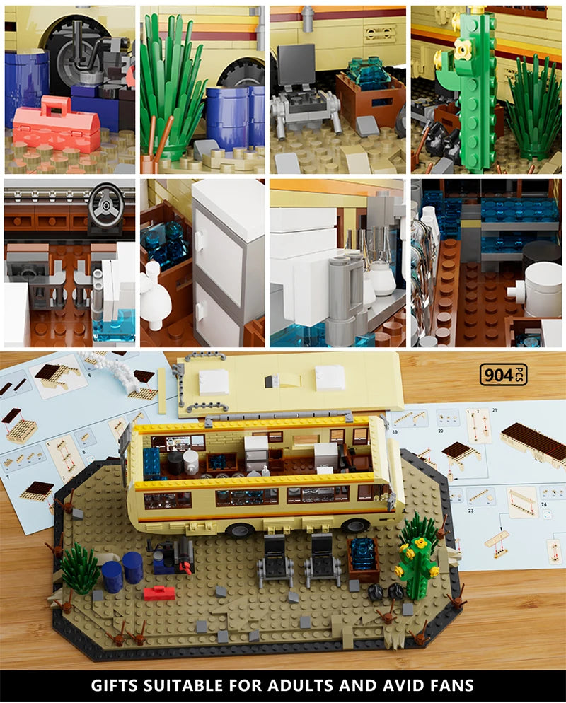 A building block set depicting a yellow RV camper bus with various accessories and landscaping elements.