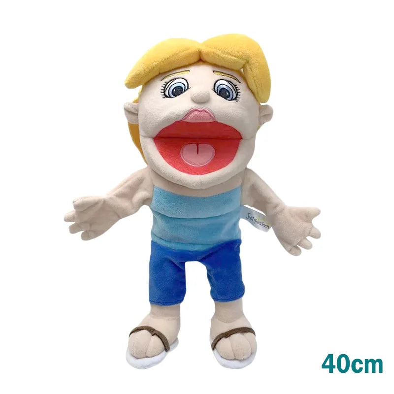 A realistic plush hand puppet with blonde hair and pink lips, designed for imaginative play.