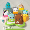 A collection of colorful 3D animal kids backpacks featuring various cute designs like a blue dinosaur, black cat, and brown b