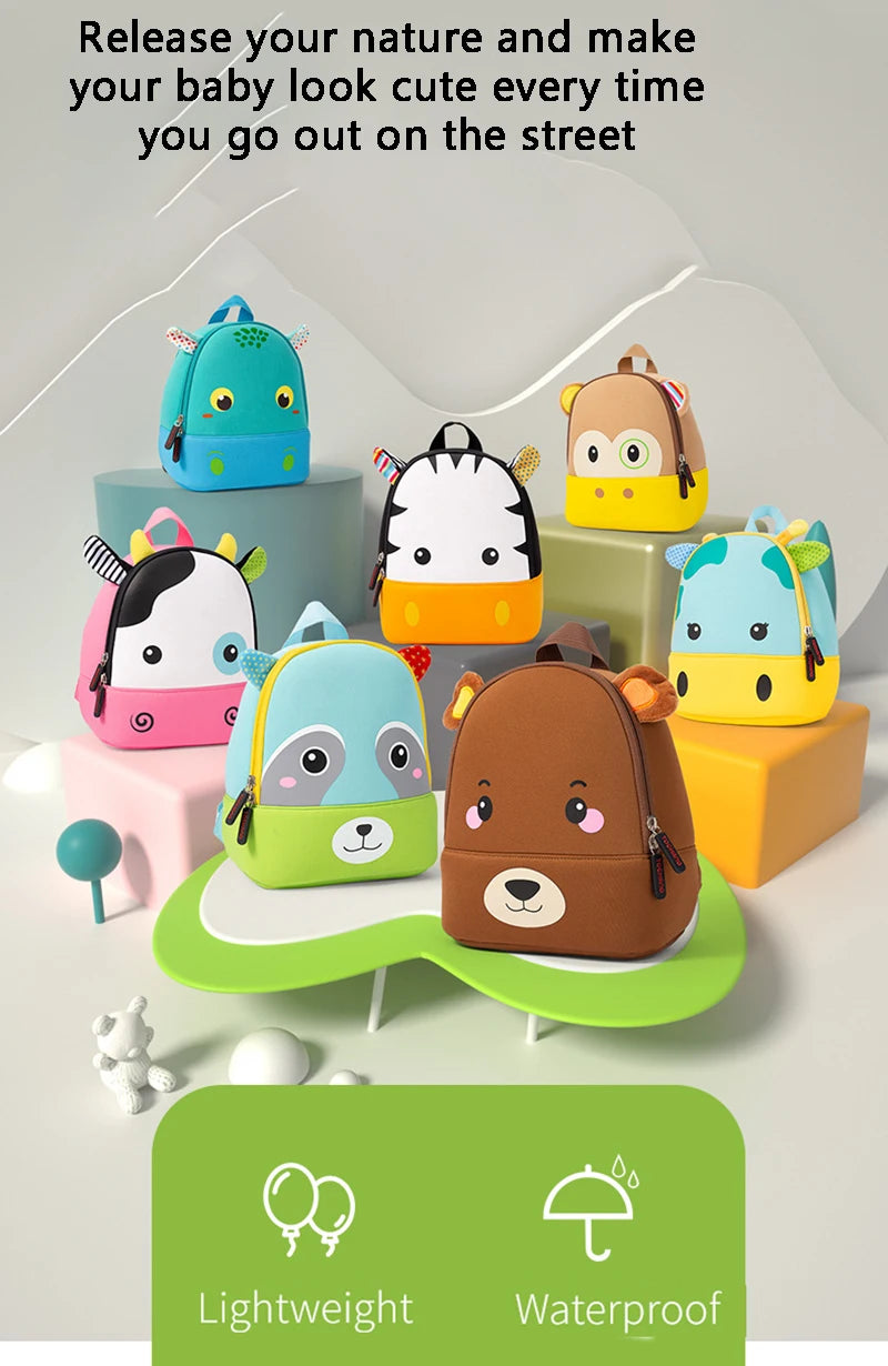 A collection of colorful 3D animal kids backpacks featuring various cute designs like a blue dinosaur, black cat, and brown b