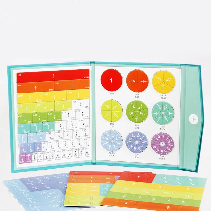 A set of magnetic fraction tiles showing various fractions and percentages in colorful tiles.