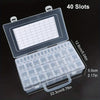 A clear plastic storage organizer with 40 slots is shown open, revealing multiple compartments for craft supplies.