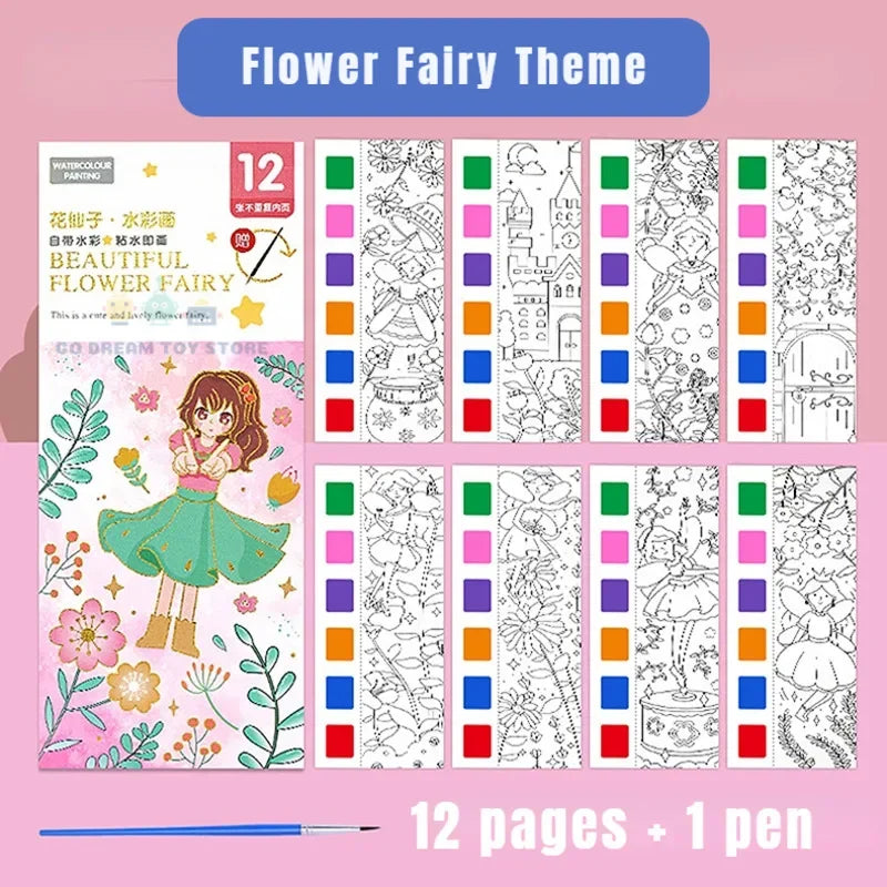 A watercolor painting book titled Flower Fairy Theme with 12 pages and 1 pen for kids
