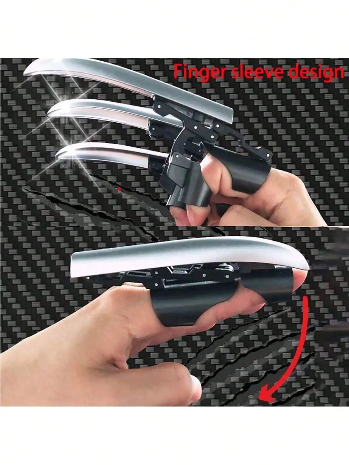 A hand demonstrates the finger sleeve design of a retractable mechanical wolf claw prop.