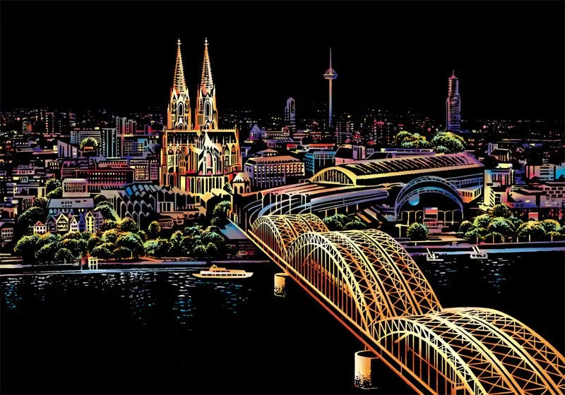 A nighttime cityscape featuring prominent gothic spires, modern buildings, and a large arched bridge illuminated in warm tone